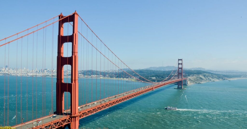 Iconic Golden Gate Bridge spanning the San Francisco Bay on a clear day.