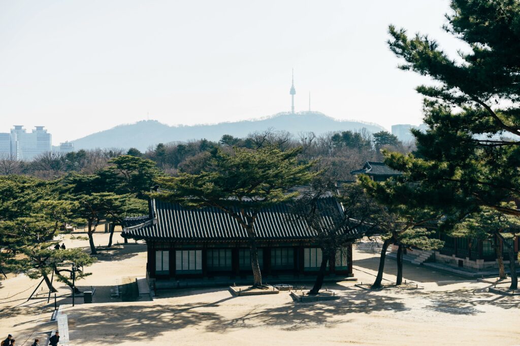 Temples et palais à Séoul : culture, histoire et immersion 🇰🇷 View of Namsan Tower and traditional architecture in Seoul, South Korea.