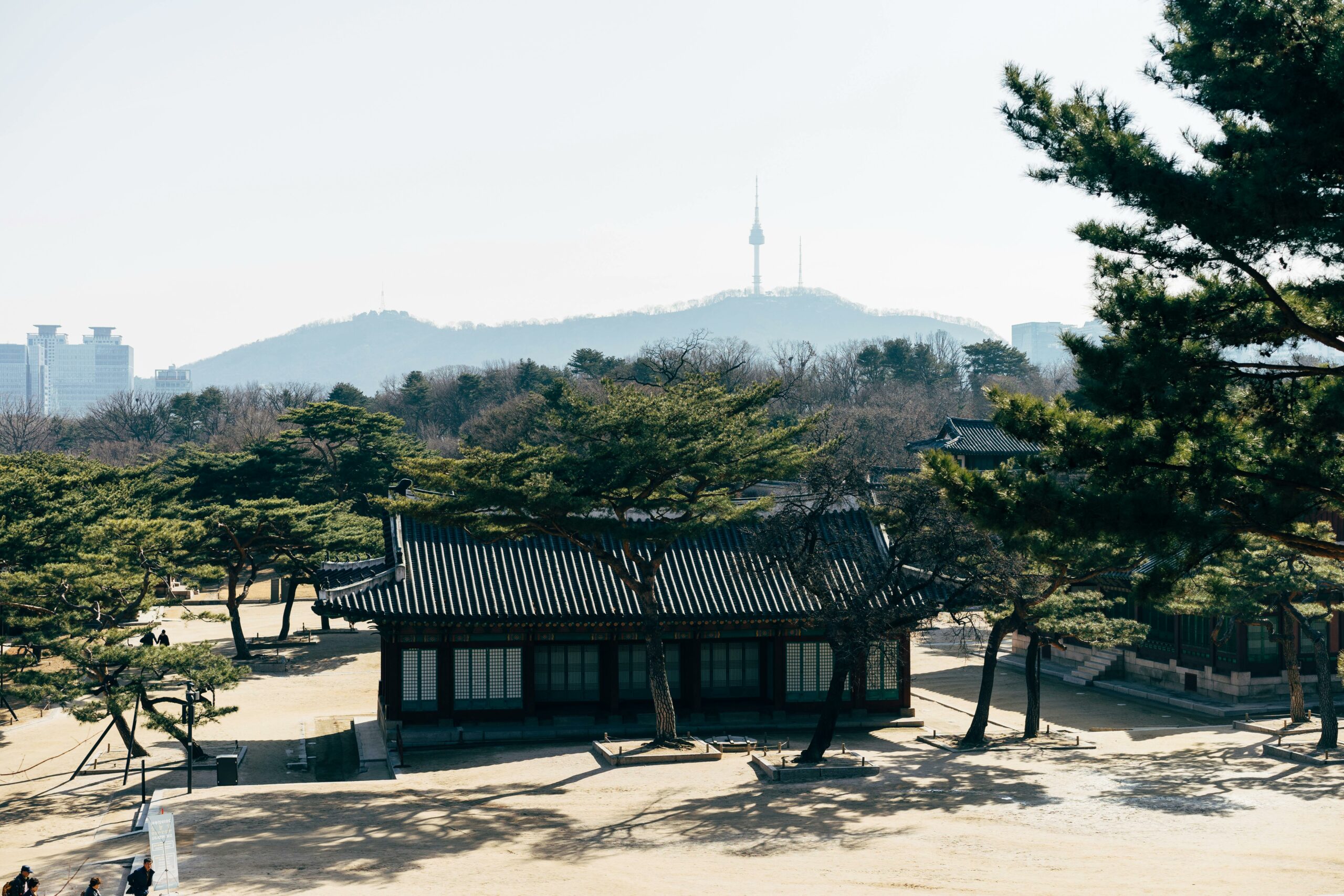 Home View of Namsan Tower and traditional architecture in Seoul, South Korea.
