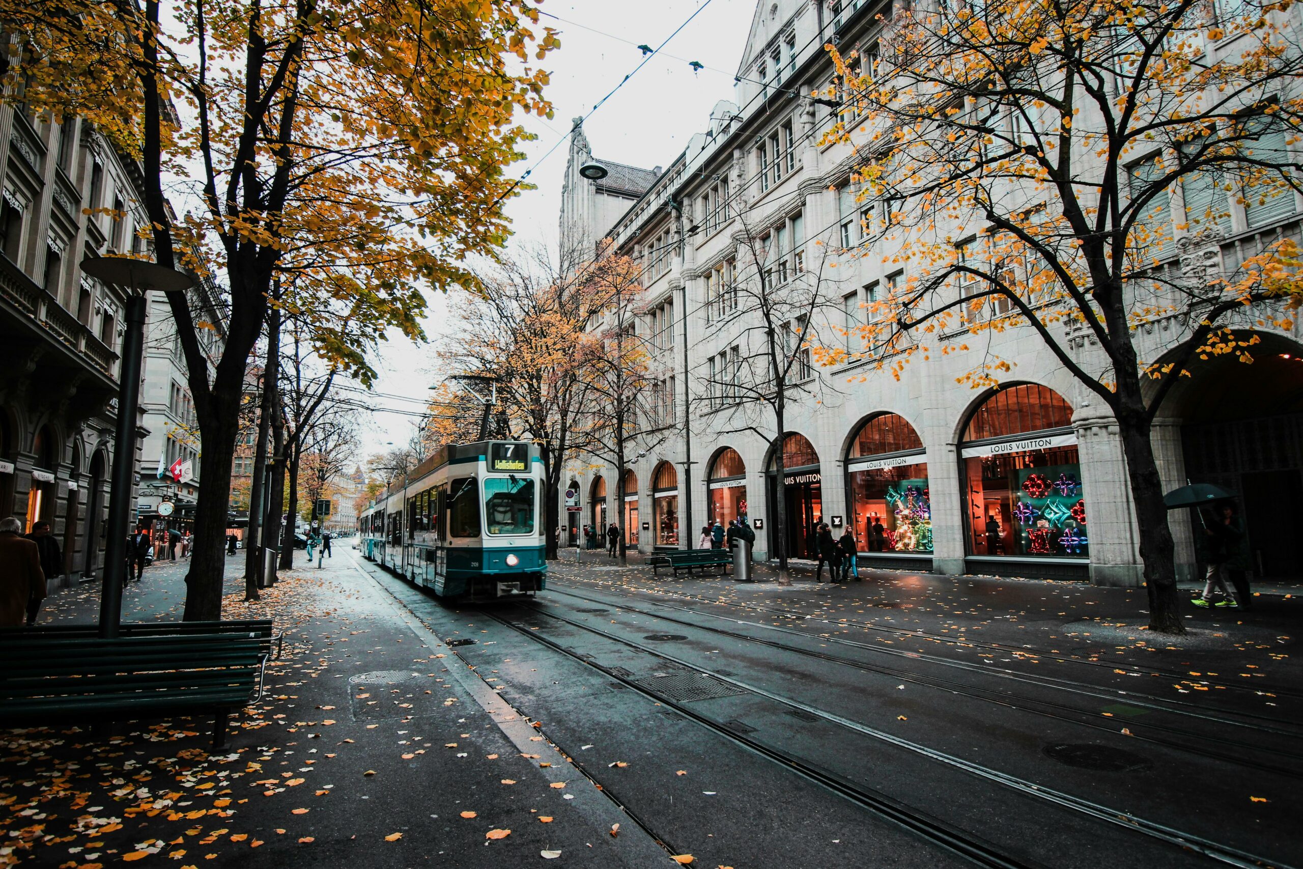Home A tram travels down a leaf-strewn street in autumnal Zürich, Switzerland's urban landscape.